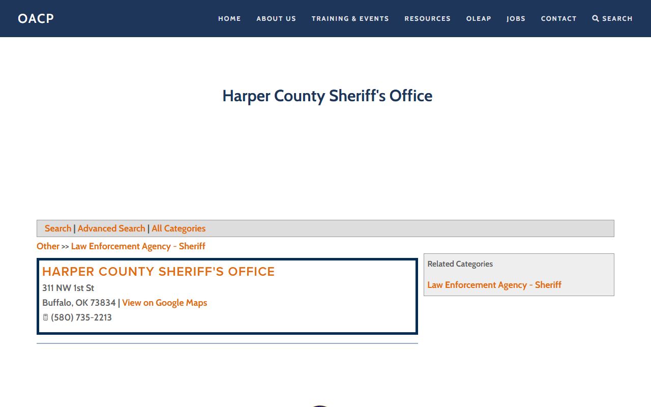 OACP directory contact listing for Harper County Jail and Sheriff's Office