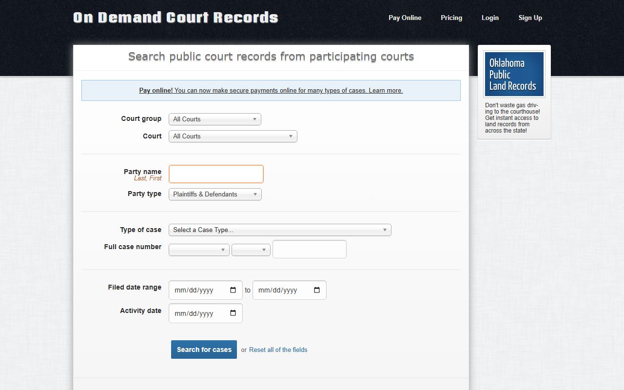 ODCR search fields for Harper County court records after jail arrest