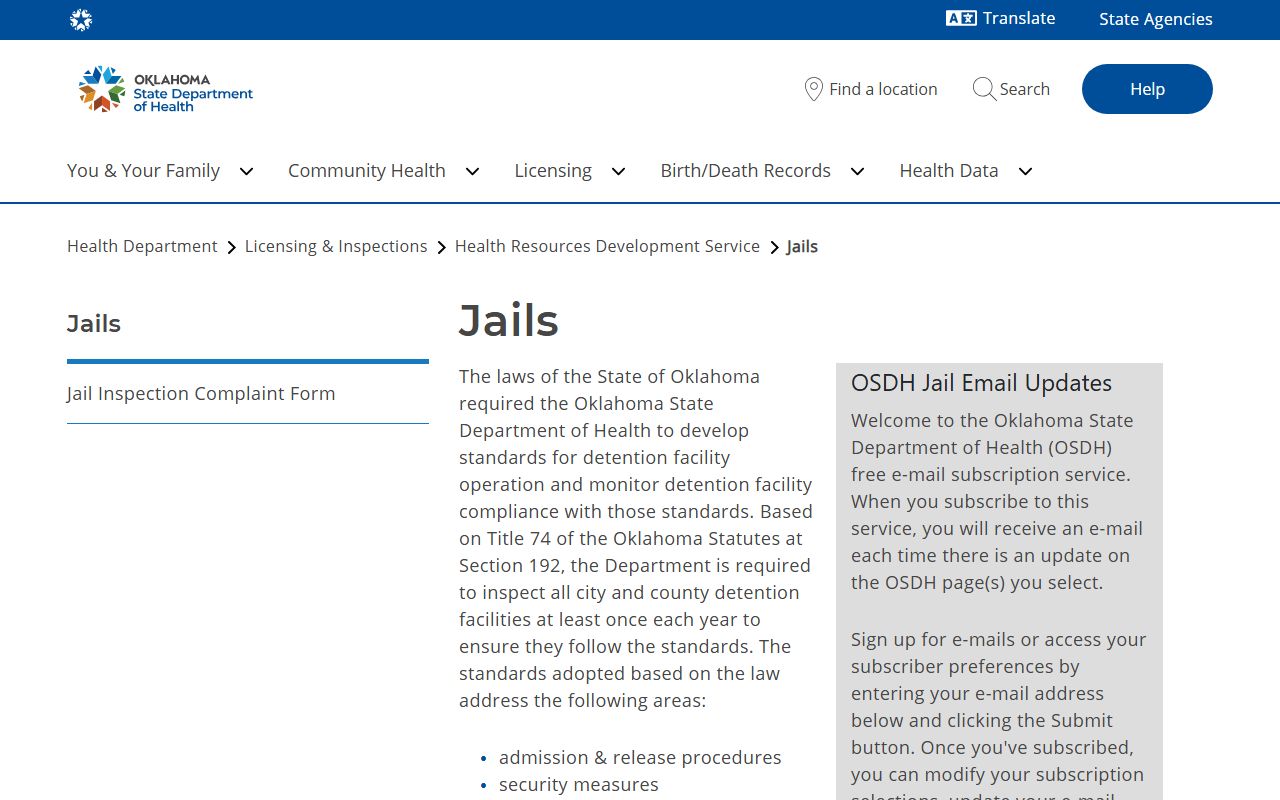 OSDH jail standards context for Harper County Jail inspections